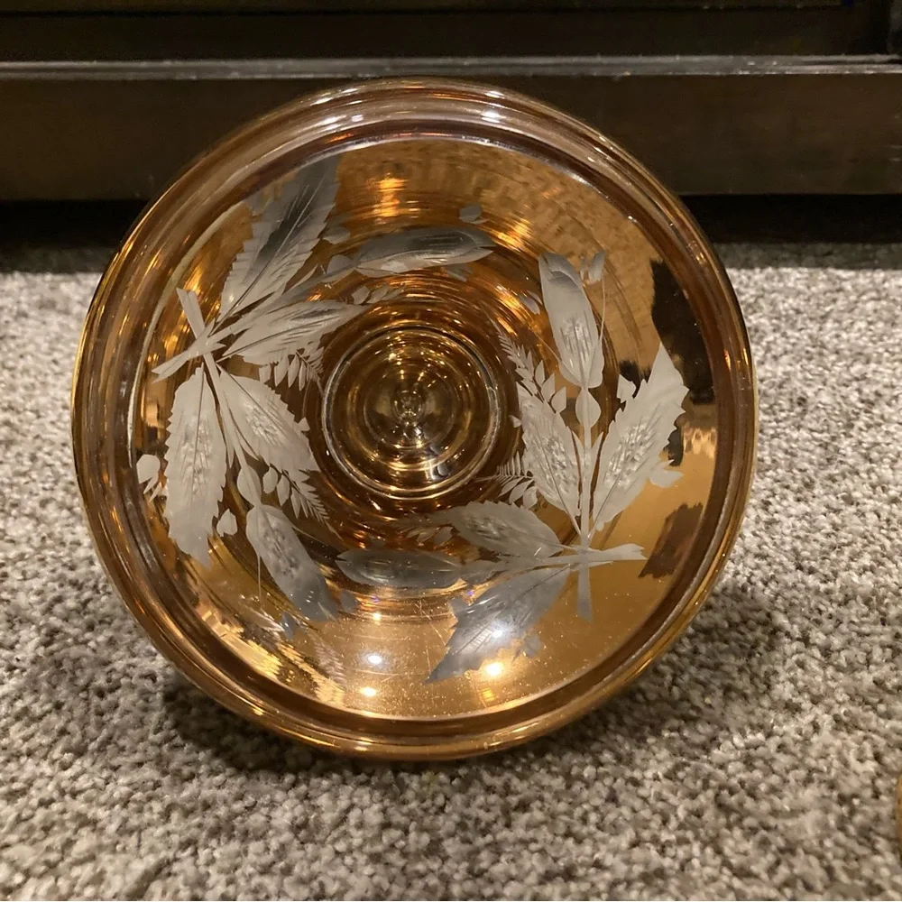 Antique BOHEMIAN CZECH Gilt Etched Crystal Candy Dish w/Lid